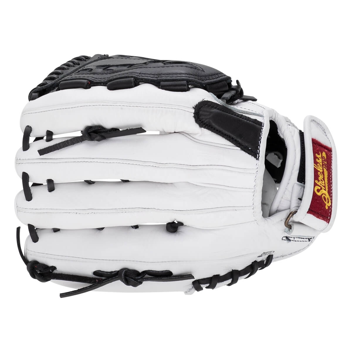 Back view of a white baseball glove featuring black laces and a red Shoeless Joe brand label on the wrist strap.