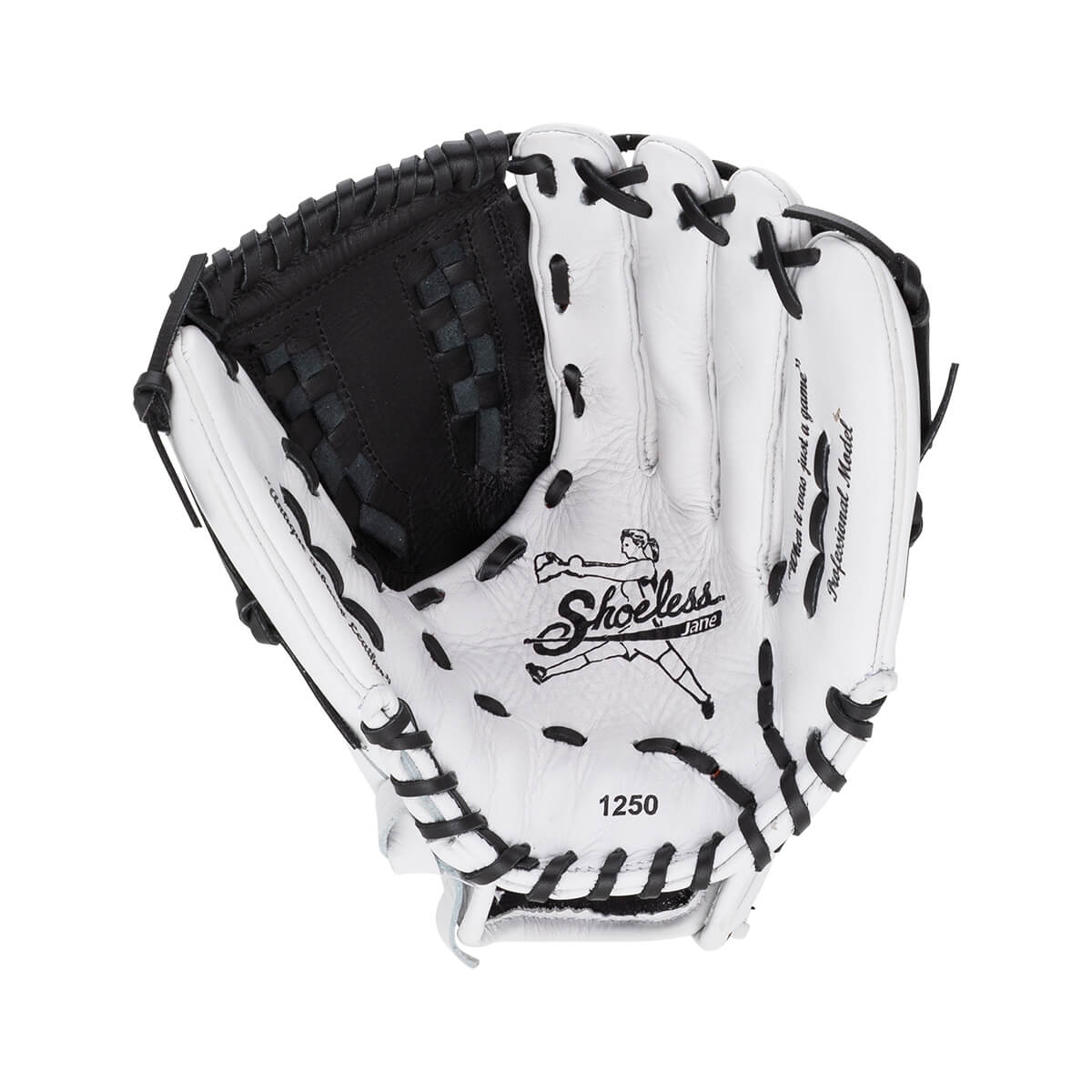 Front view of a white leather Shoeless Jane 1250 glove with black webbing, featuring a female pitcher illustration and "Shoeless Jane" branding on the palm.