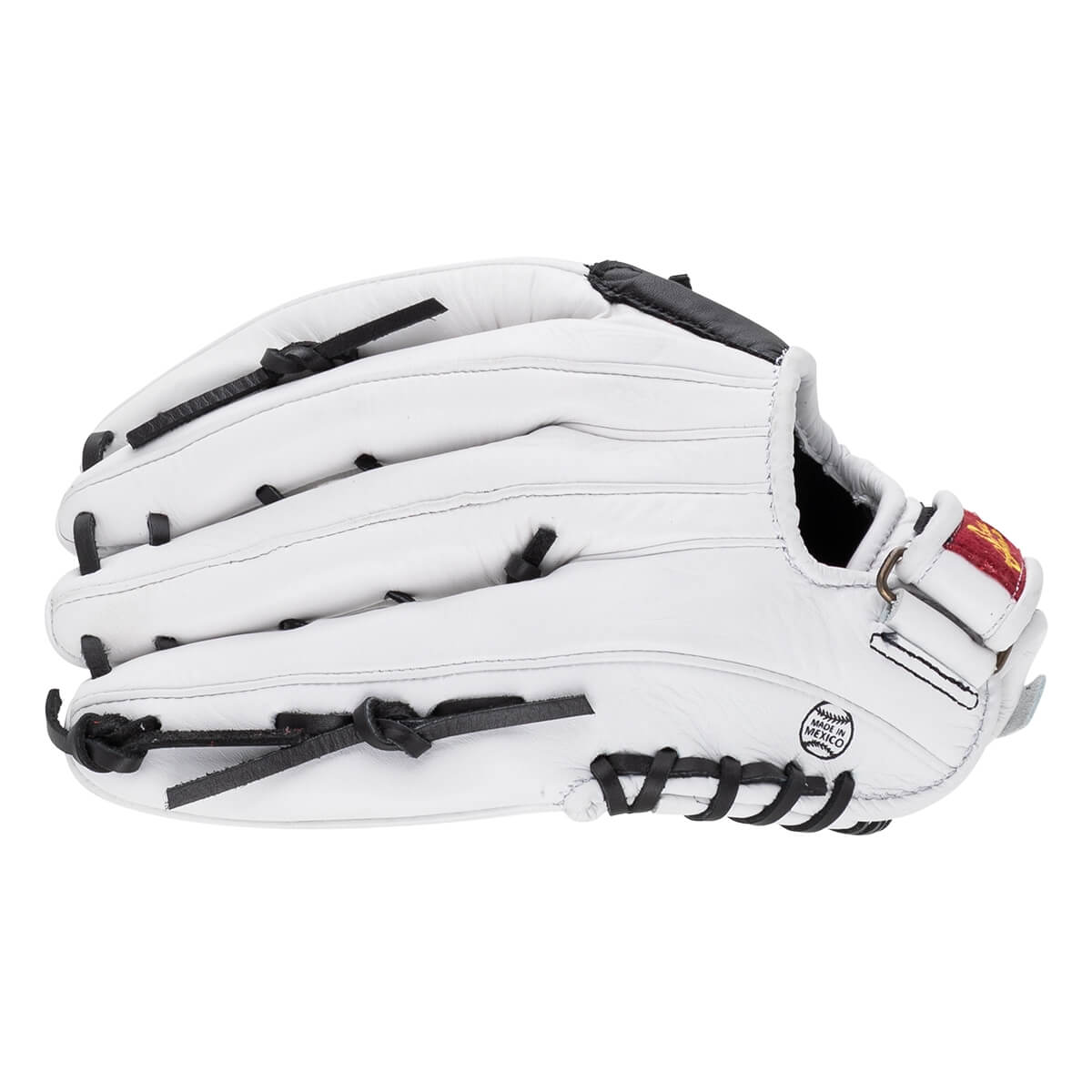 Back view of a white leather baseball glove featuring black laces and a circular stamp that says "MADE IN MEXICO."