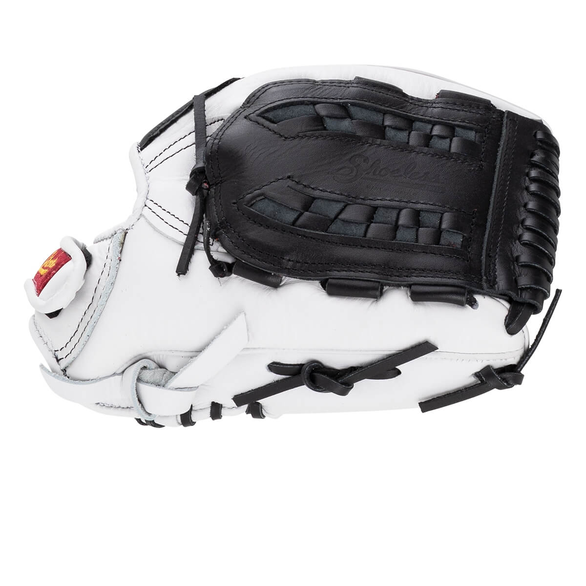 Back view of a white leather baseball glove featuring a black basket web embossed with the words Shoeless Joe and matching black laces.