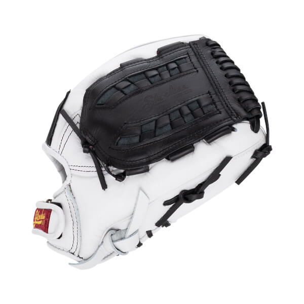 Back view of a white leather baseball glove featuring a black basket-weave web embossed with Shoeless Joe and a red Shoeless Joe brand patch on the wrist strap.