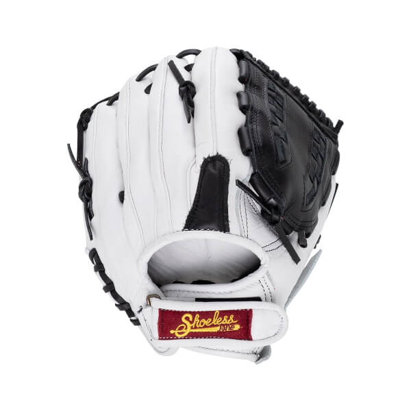 Back view of a white leather baseball glove with a black basket weave web and a red wrist strap patch featuring the Shoeless Joe logo.
