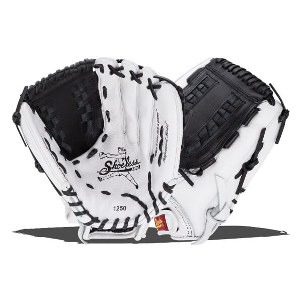 Front and back views of a white softball glove with black laces and webbing, featuring the Shoeless Jane logo and the number 1250 on the palm.