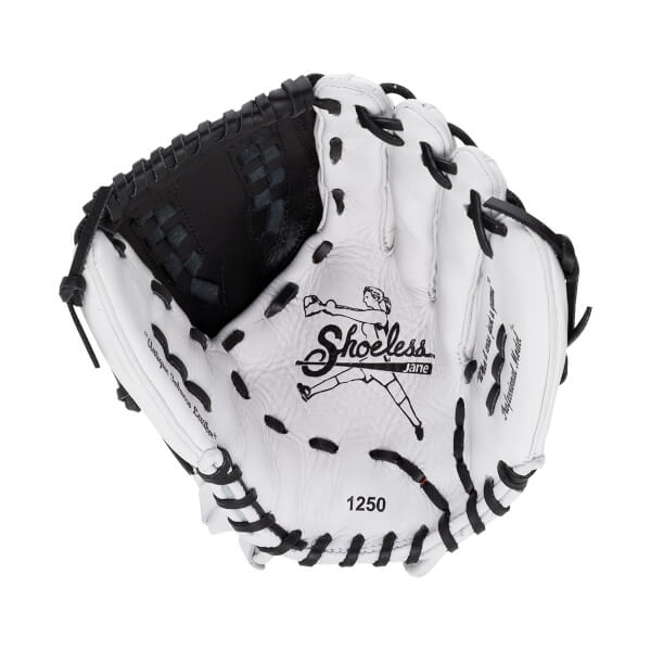 Front view of a white leather softball glove with black stitching and a black web, featuring the Shoeless Jane logo and the number 1250 on the palm.