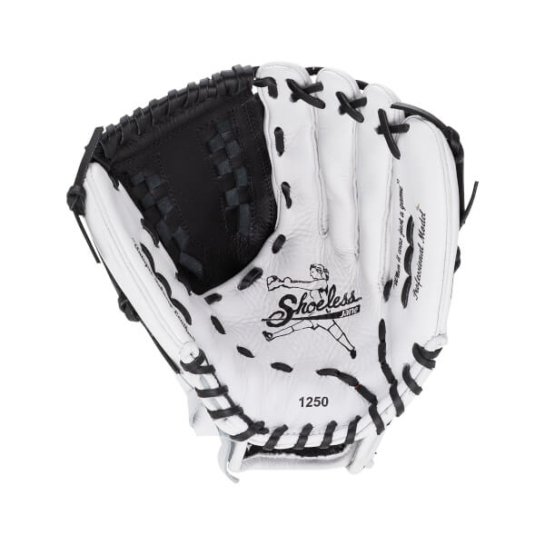 Front view of a white leather Shoeless Jane 1250 glove with black webbing, featuring a female pitcher illustration and "Shoeless Jane" branding on the palm.