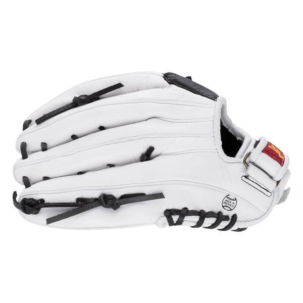Back view of a white leather baseball glove featuring black laces and a circular stamp that says "MADE IN MEXICO."