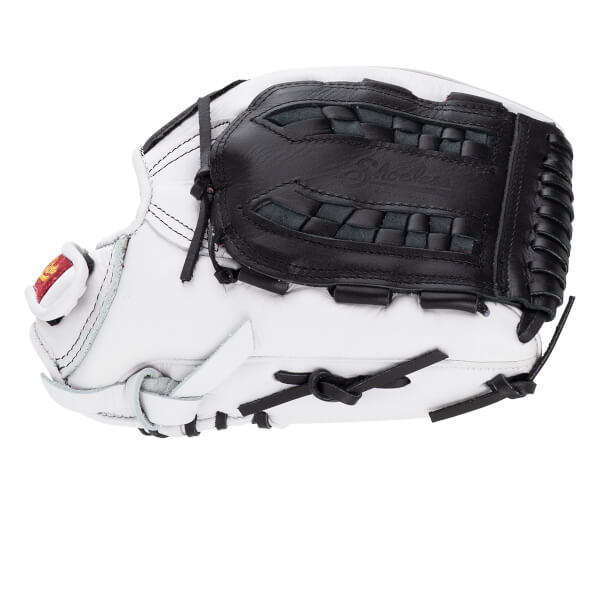 Back view of a white leather baseball glove featuring a black basket web embossed with the words Shoeless Joe and matching black laces.