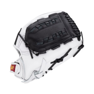 Back view of a white leather baseball glove featuring a black basket-weave web embossed with Shoeless Joe and a red Shoeless Joe brand patch on the wrist strap.
