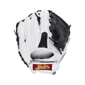 Back view of a white leather baseball glove with a black basket weave web and a red wrist strap patch featuring the Shoeless Joe logo.