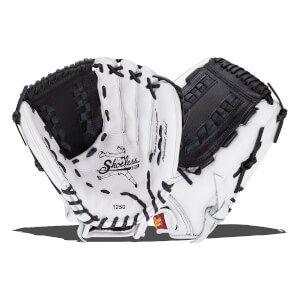 Front and back views of a white softball glove with black laces and webbing, featuring the Shoeless Jane logo and the number 1250 on the palm.