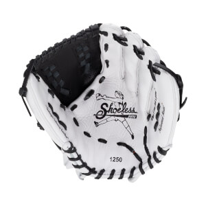 Front view of a white leather softball glove with black stitching and a black web, featuring the Shoeless Jane logo and the number 1250 on the palm.