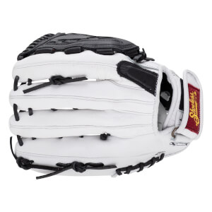 Back view of a white baseball glove featuring black laces and a red Shoeless Joe brand label on the wrist strap.