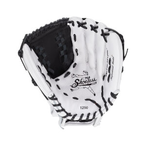 Front view of a white leather Shoeless Jane 1250 glove with black webbing, featuring a female pitcher illustration and "Shoeless Jane" branding on the palm.