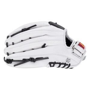 Back view of a white leather baseball glove featuring black laces and a circular stamp that says "MADE IN MEXICO."