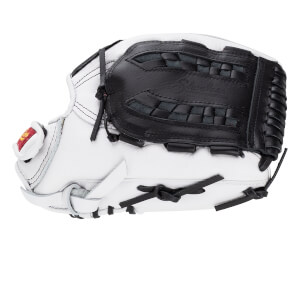 Back view of a white leather baseball glove featuring a black basket web embossed with the words Shoeless Joe and matching black laces.