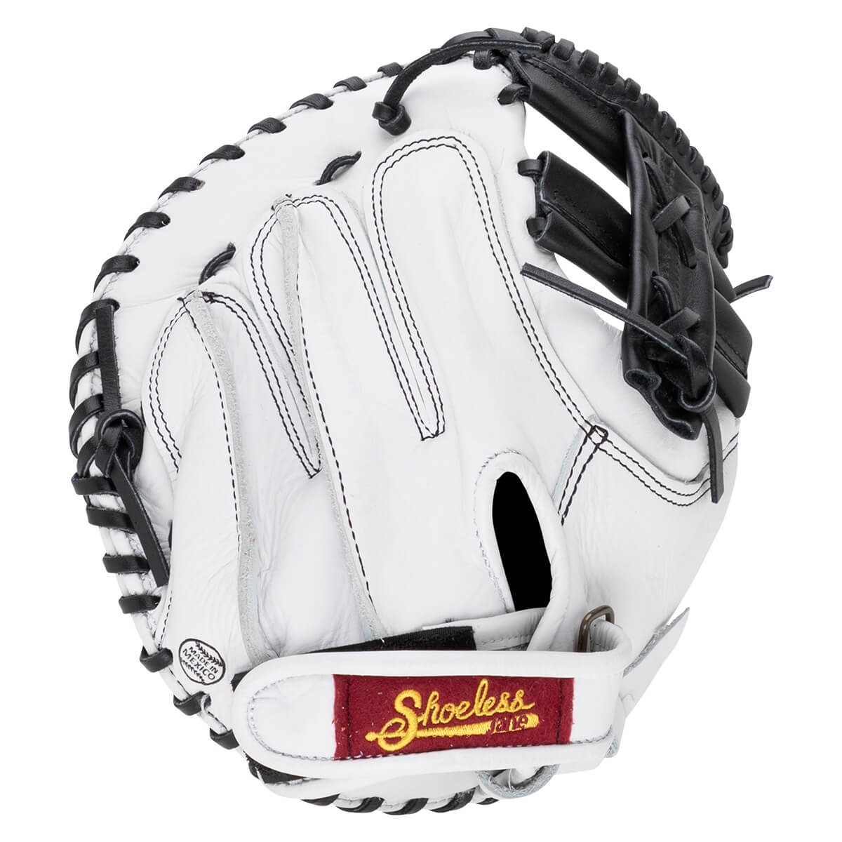 Back view of a white leather softball catcher's mitt with black laces and a red "Shoeless Jane" patch in gold script across the adjustable wrist strap.