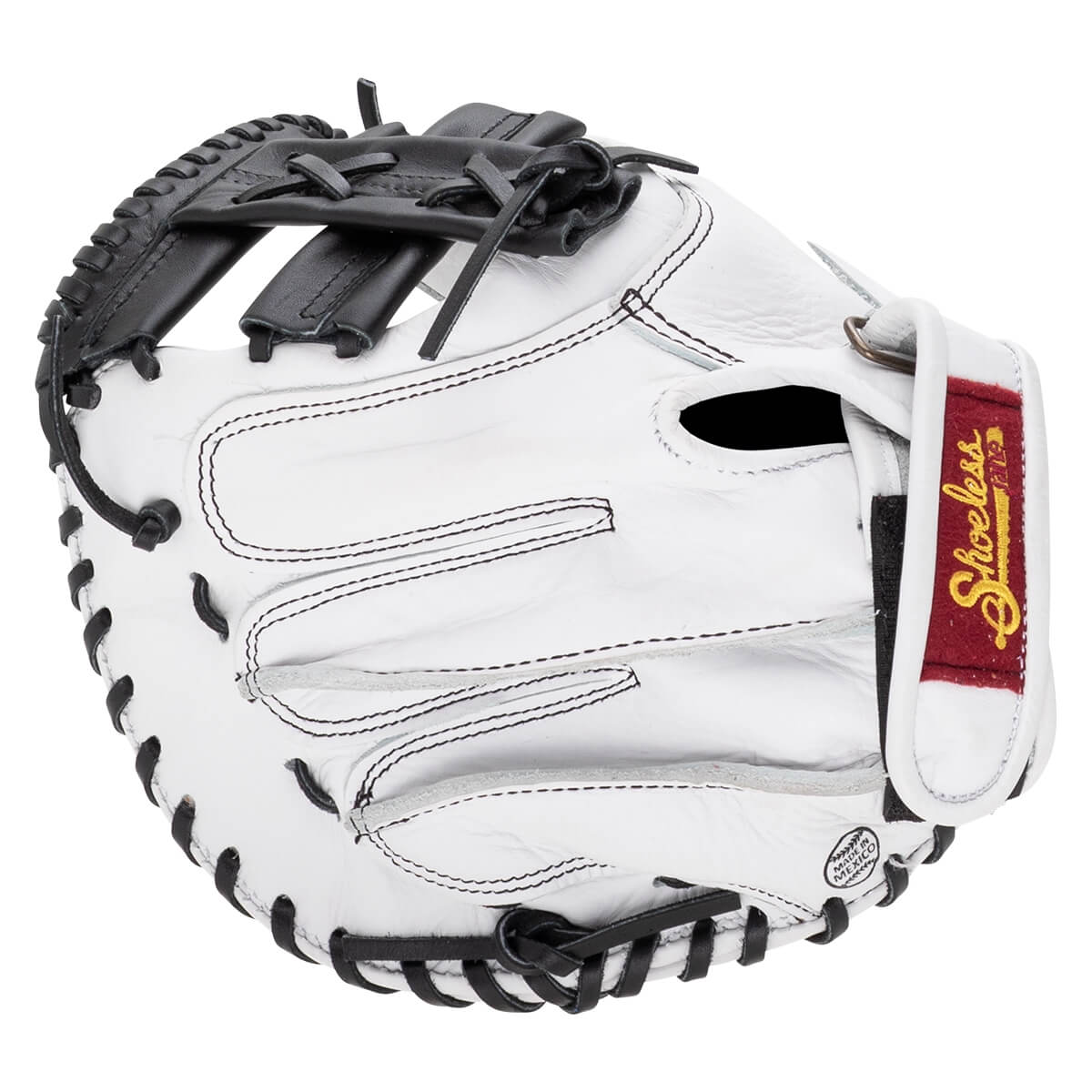 Back view of a white leather catcher's mitt with black laces, a red "Shoeless" brand patch on the wrist strap, and a circular "MADE IN MEXICO" stamp.