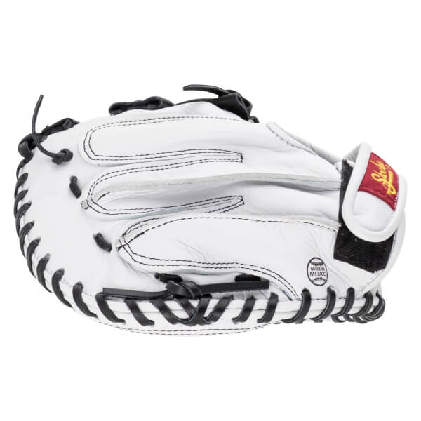Back view of a white catcher's mitt with black laces, a red and gold logo on the wrist strap, and a circular stamp that says MADE IN MEXICO.