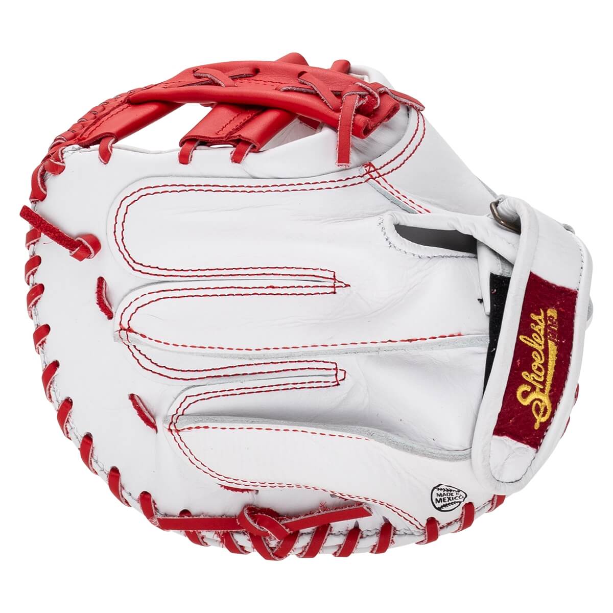 Back view of the white leather mitt with red laces and stitching, featuring a red wrist strap with gold "Shoeless Jane" text and a "MADE IN MEXICO" stamp.