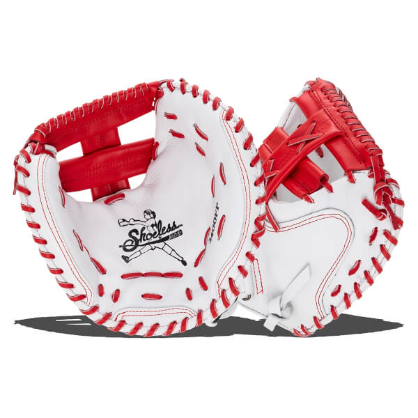 Front and back views of a white and red fastpitch catcher's mitt with red lacing, featuring the "Shoeless Jane" logo in the palm.