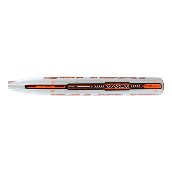 Side view of a white slow pitch softball bat with orange accents, MAXUM text, and 2 PIECE label.