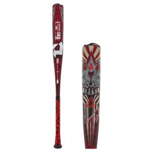 Side view of a red baseball bat with VOODOO text and a red patterned grip.