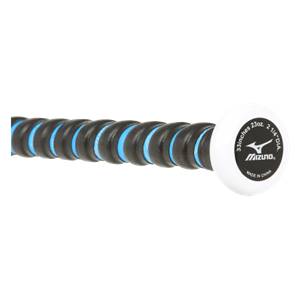 End view of a white knob on a black and blue softball bat with Mizuno branding.