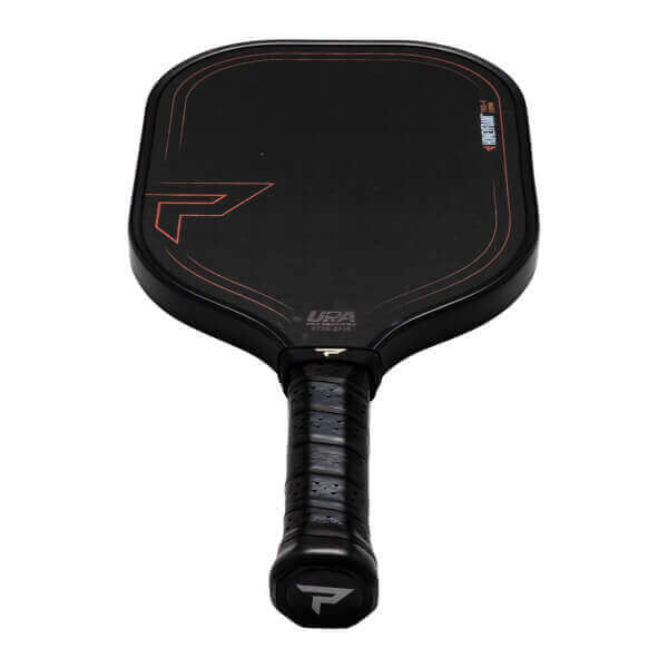 Front view of a black Paddletek TKO-X paddle with orange accents, "USA" text, and a "P" logo on the handle.