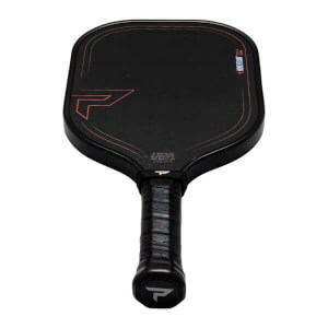 Front view of a black Paddletek TKO-X paddle with orange accents, "USA" text, and a "P" logo on the handle.