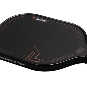 Corner view of the black Paddletek TKO-X paddle showing the "PADDLETEK" logo and a red geometric design.