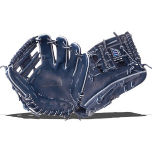 Front and side views of a navy blue baseball glove with white stitching, featuring the Mizuno logo on the palm and the word "MIZUNO" on the outer shell.