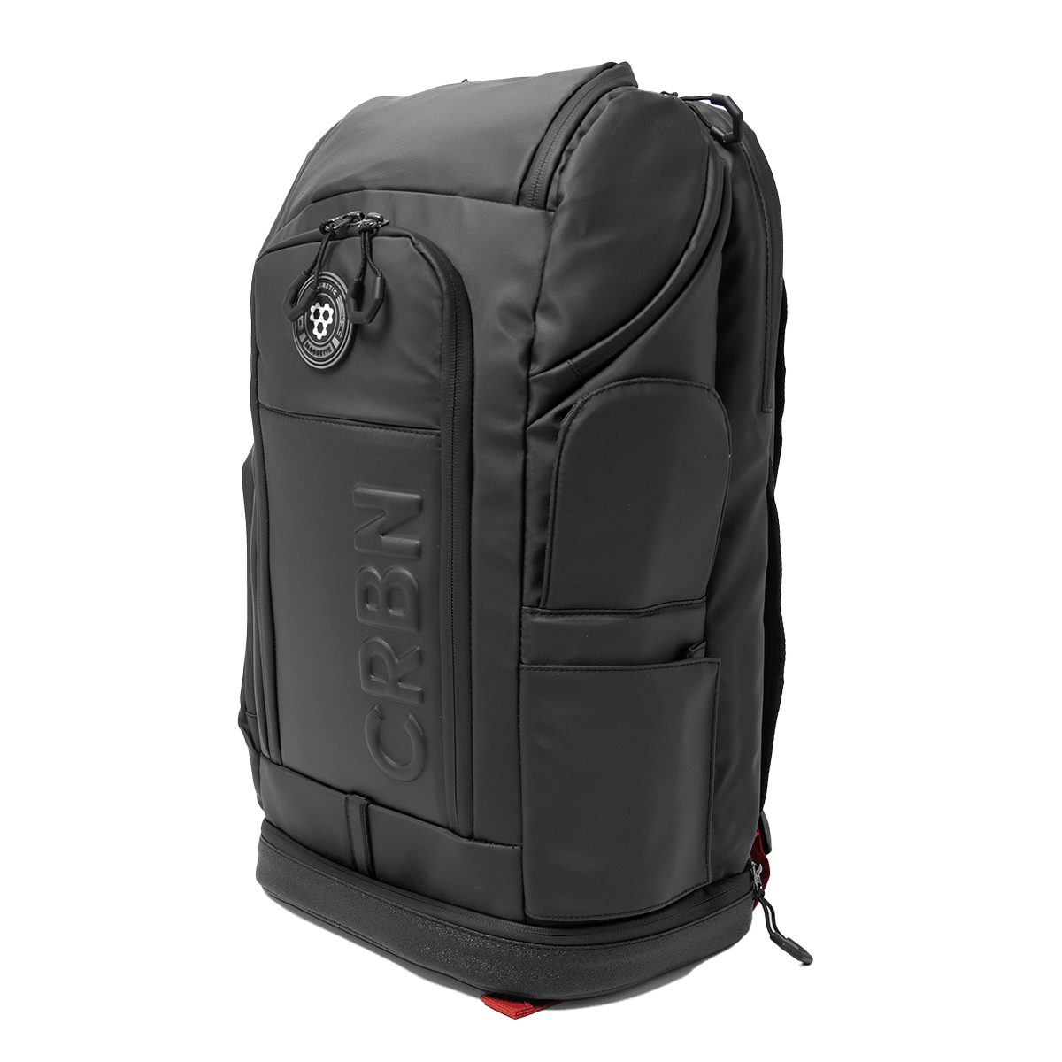 Front-side view of a black backpack with embossed "CRBN" text and a circular logo with "19" and "CARBOSTIC".
