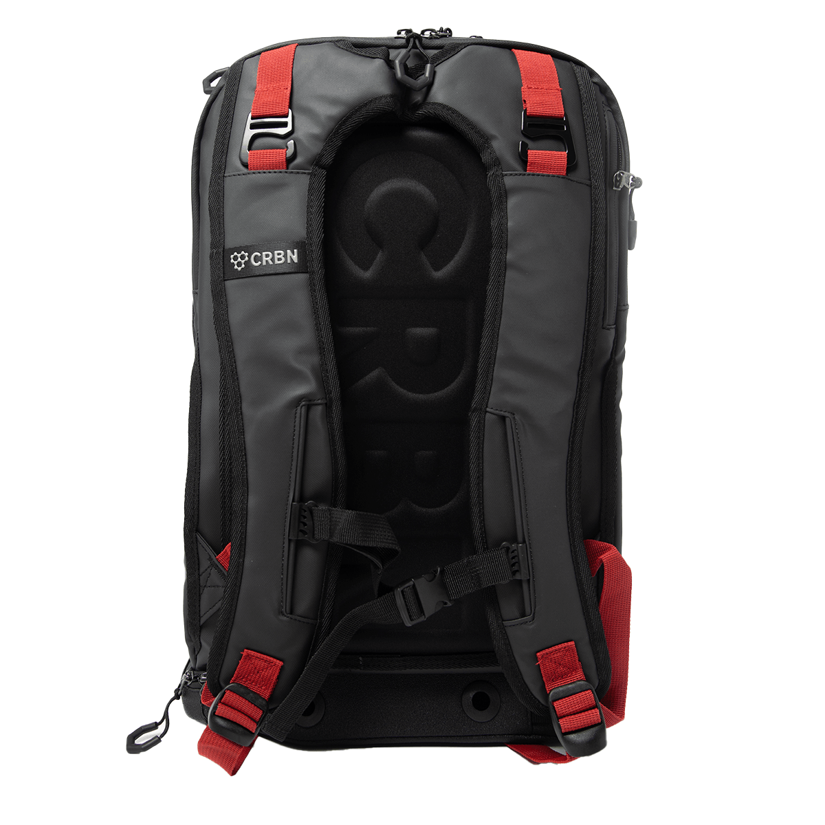 Back view of a black backpack featuring red accents, adjustable straps, and a CRBN logo.