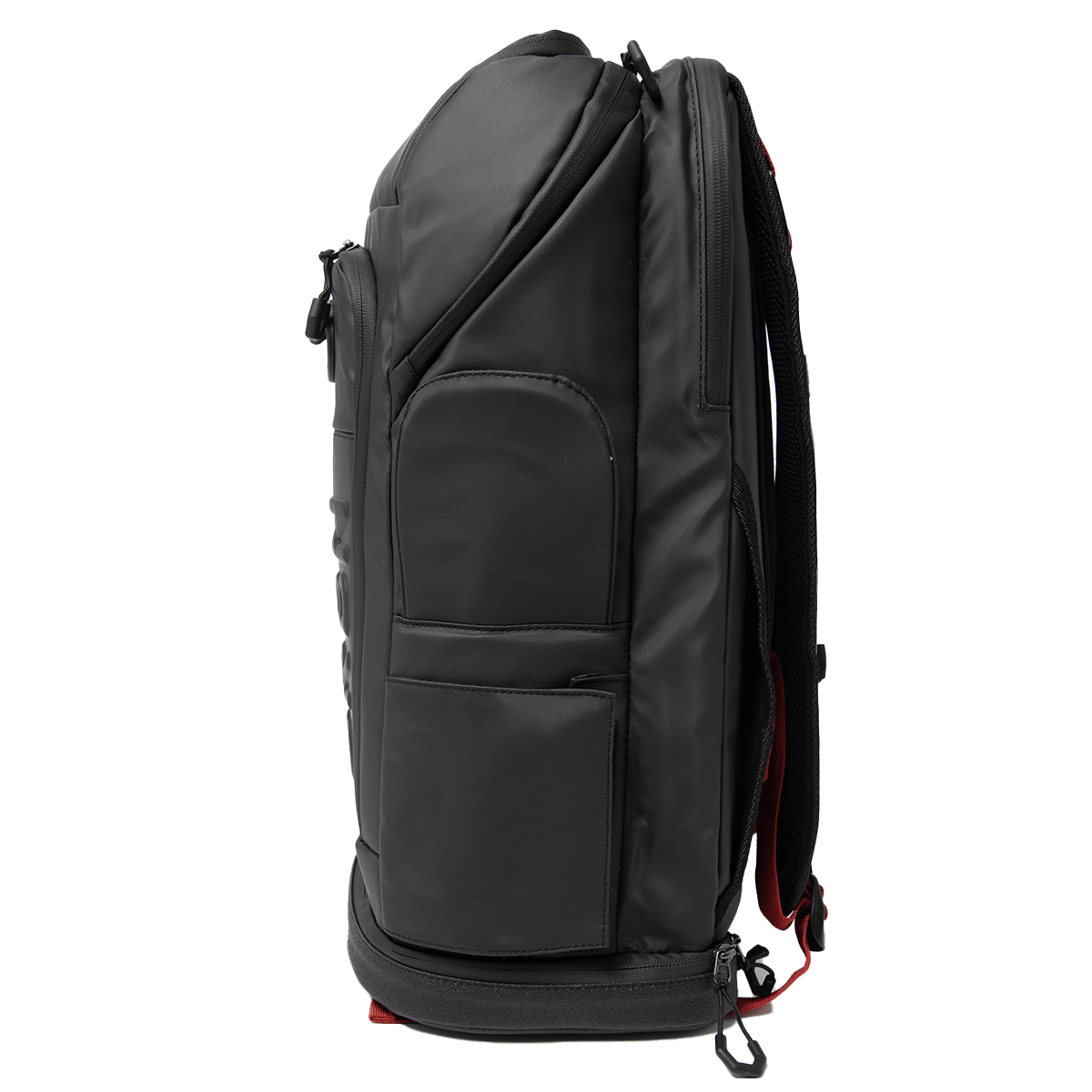 Side view of a black backpack with multiple zippered compartments and padded straps.
