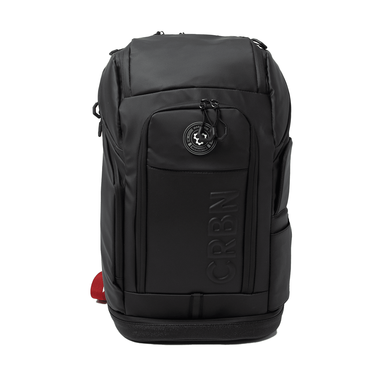 Front view of a black backpack with a circular "MAGNETIC" emblem and raised "CRBN" lettering.