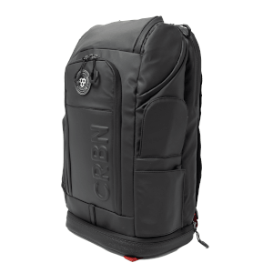 Front-side view of a black backpack with embossed "CRBN" text and a circular logo with "19" and "CARBOSTIC".