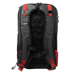 Back view of a black backpack featuring red accents, adjustable straps, and a CRBN logo.