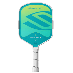 Front view of the Selkirk OMNI pickleball paddle featuring a gradient teal and yellow design with "OMNI" and "SELKIRK" branding.