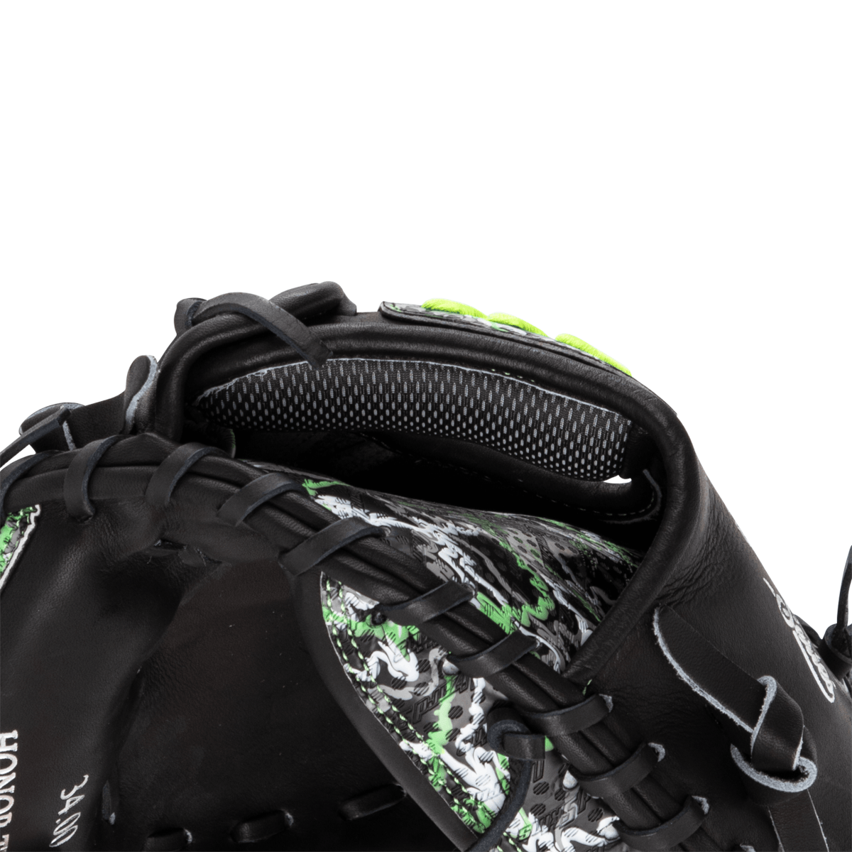 Close-up view of the interior wrist padding and green patterned back of a black catcher's mitt featuring the number 34.00 on the leather.