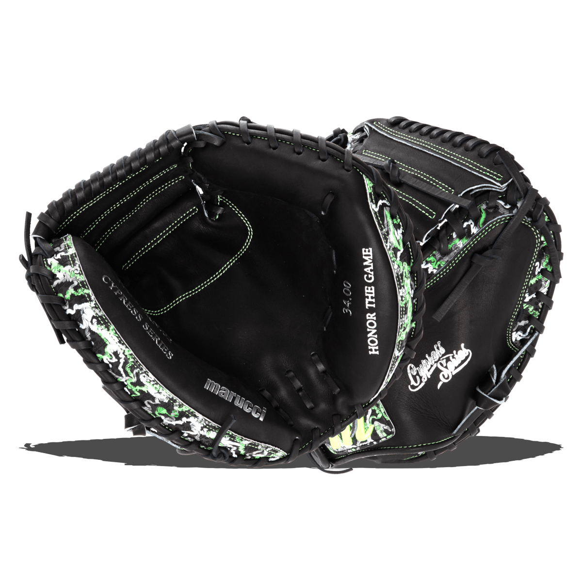 Front and back views of a black Marucci catcher's mitt with lime green stitching and camo accents, labeled "Cypress Series," "marucci," and "HONOR THE GAME."