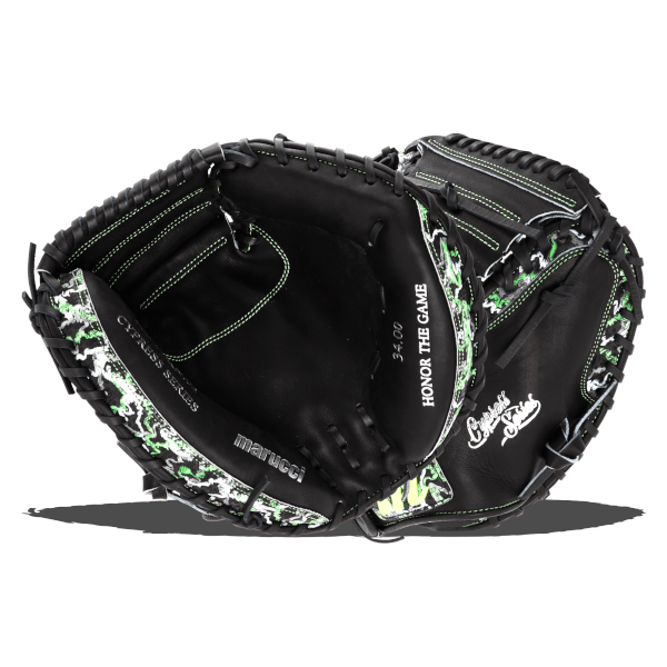 Front and back views of a black Marucci catcher's mitt with lime green stitching and camo accents, labeled "Cypress Series," "marucci," and "HONOR THE GAME."