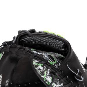 Close-up view of the interior wrist padding and green patterned back of a black catcher's mitt featuring the number 34.00 on the leather.