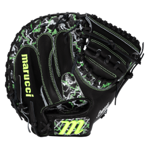 Back view of a black Marucci catcher's mitt featuring neon green stitching, camouflage panels, and a prominent neon green "marucci" wordmark on the thumb.
