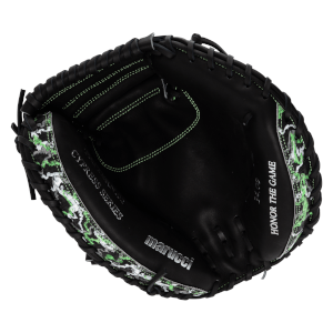 Front view of a black catcher's mitt featuring a green camo pattern on the edges and silver text that reads marucci, Cypress Series, and Honor the Game.