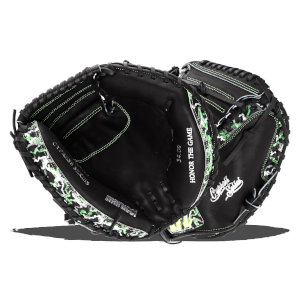Front and back views of a black Marucci catcher's mitt with lime green stitching and camo accents, labeled "Cypress Series," "marucci," and "HONOR THE GAME."