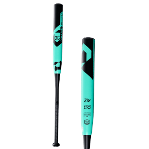 Full and close-up views of a teal and black DeMarini Flipper OG softball bat featuring "USA SOFTBALL" text and geometric patterns on the barrel.
