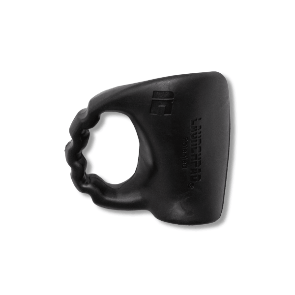 Top-down view of a black finger grip with twisted loop and the embossed words "LAUNCHPAD" and "patented".
