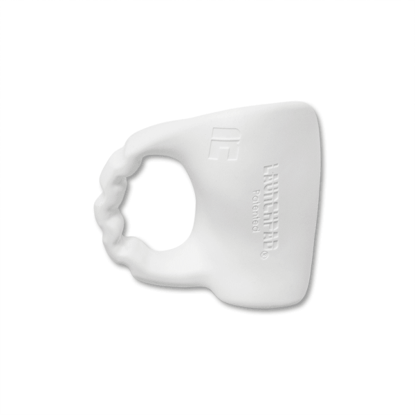 Top-down view of a white, curved toe separator with "LAUHEHF" and "Patented" embossed on the surface.