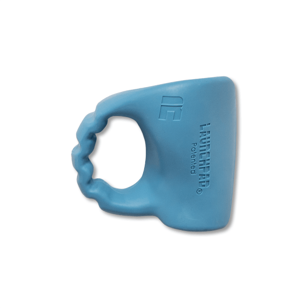 Top-down view of a blue LAUNCHPAD patented device with a ridged grip and embossed letters.