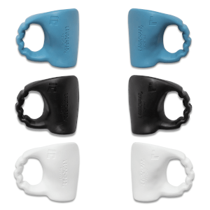 Top-down view of four Launchpad thumb guards in blue, black, and white, showing the "LF" logo and "LAUNCHPAD Patented" text.